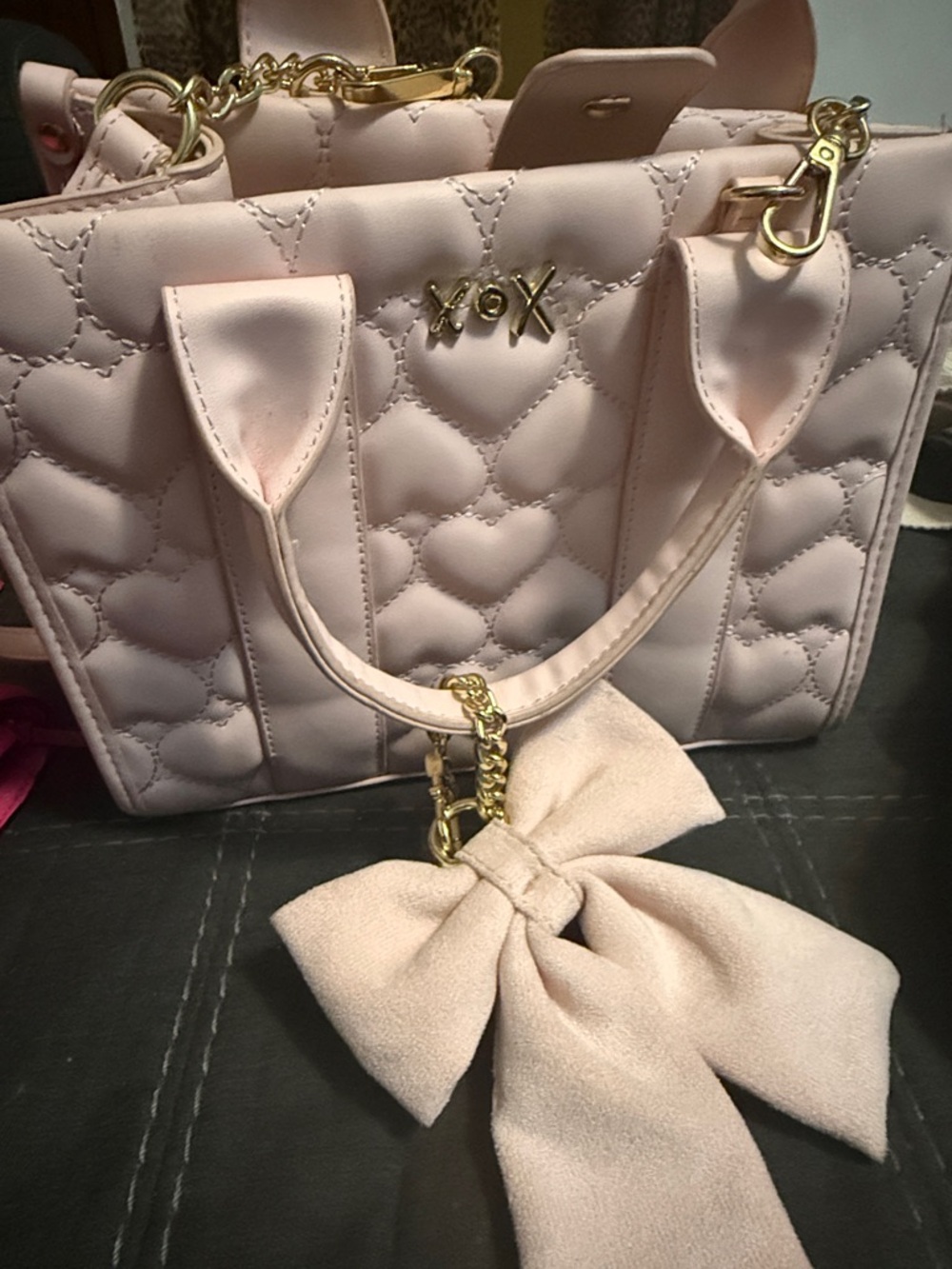 XOXO Quilted Heart Satchel in Light Pink with Bow Charm